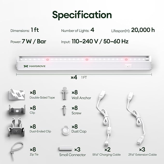 Maygrove T5 Grow Lights for Indoor Plants 1FT, Red-Enhanced Full Spectrum 5000K Grow Light, 28W(4 x 7W), Grow Light Strips for Seed Starting, Greenhouse, High PPFD, Linkable, White, 4-Pack