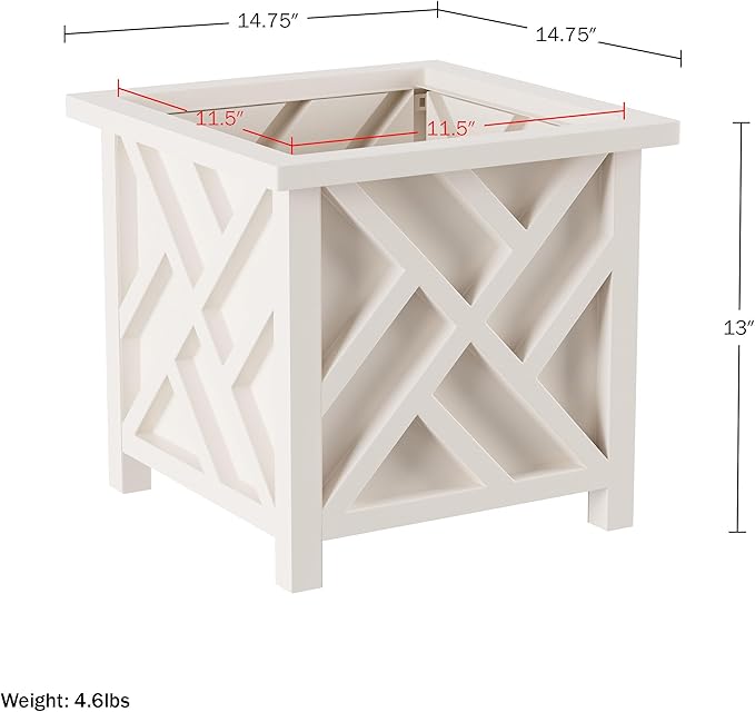 Lattice Design Outdoor Planter Box 2-Pack - 14.75” Square 13” Tall White Decorative Plant Pots for Front Porch Decor - Flower Pots Outdoor Planters for Porch Patio or Garden Decor by Pure Garden
