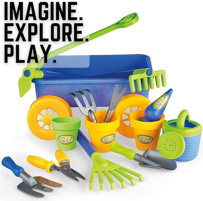 Liberty Imports Pull Along Garden Wagon and Gardening Tools Toy Play Set for Toddlers, Kids with Outdoor Tools, Plant Pots, Accessories