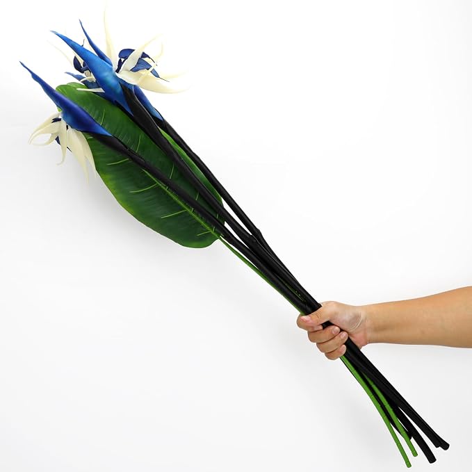 Artificial Bird of Paradise Flowers Real Touch 31.5'in Long Stem Flower 4 Pcs, with Bird of Paradise Leaves 33.5'in Long Stem Greenery Plants 2 Pcs,for Home Garden Wedding Party Decor (Blue 6 Stems)