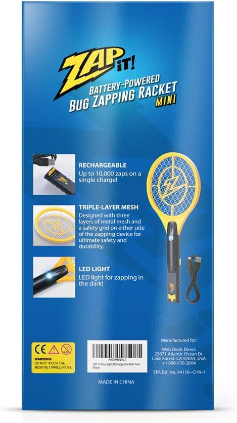 ZAP IT! Bug Zapper Rechargeable Bug Zapper Racket W/ Blue Light Attractant, 4,000 Volt, USB Charging Cable