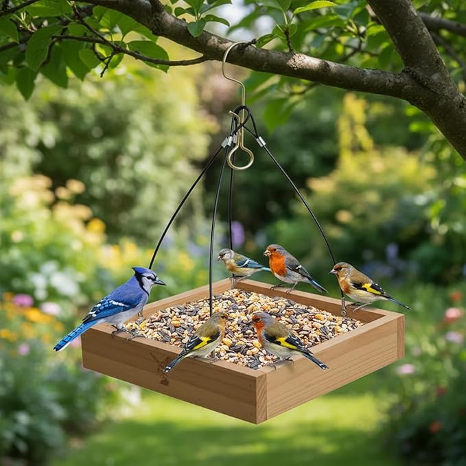 Cedar Wood Platform Tray Bird Feeder 10” - Hanging Bird Feeder for Outside Outdoor - Stainless Steel Cable Mesh Base - Weather Proof Birdfeeder for 10 Years - Longtime Outdoor Lasting Heavy Duty