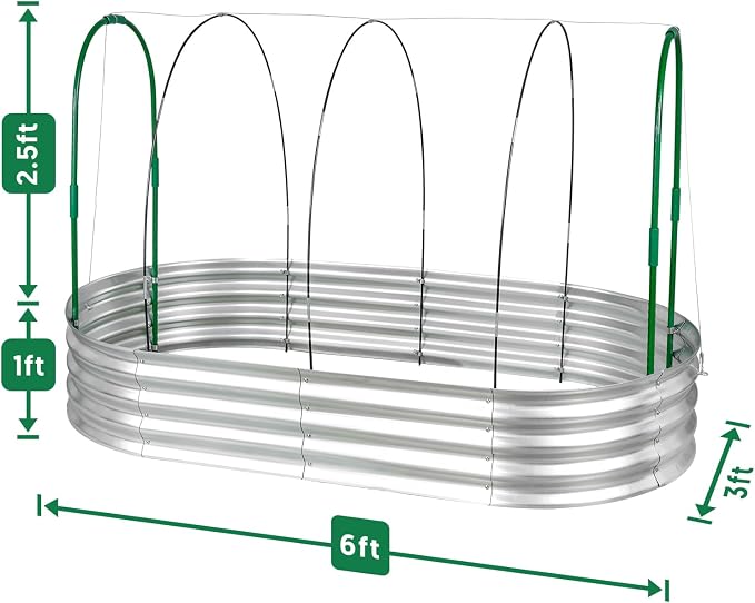 Raised Garden Bed with Greenhouse Frame and 3 Covers, 6x3x1 FT Garden Planting Box, Galvanized Metal Oval Tall Planter Box for Outdoor Gardening, Large Planting Space for Vegetables, Flowers