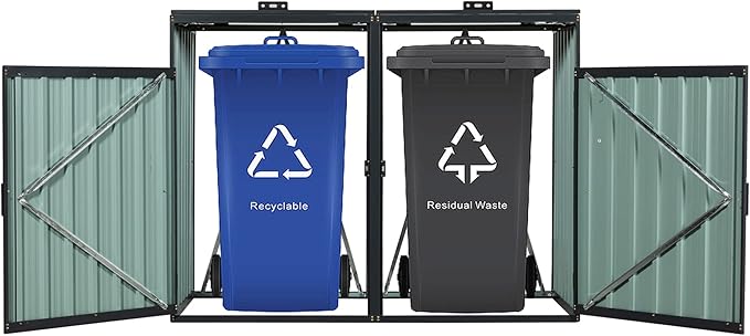 55.1 Cu.Ft Outdoor Trash Can Storage Shed, Metal Trash Can Storage Bin with Spring Chain Lid for Garbage Storage, Waterproof Storage Shed Stores for 2 Trash Cans, Garden Tools, Black