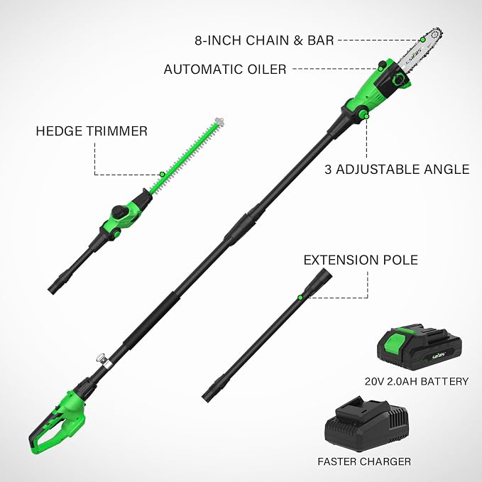 SOYUS Pole Saw 8-Inch Cordless and 18-Inch Pole Hedge Trimmer 2-in-1, 15-Foot Max Reach Pole Saw for Tree Trimming, 16ft/s Speed, Auto Oiling, Multi-Angle Pole Chainsaw with 2.0Ah Battery & Charger