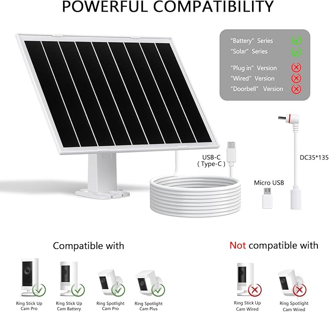 8W Solar Panel for Security Camera,Waterproof Outdoor Solar Charger with DC&Micro USB&USB-C Port for Ring/Eufy/Wyze Rechargeable Battery Camera, 9.5ft Cable, 360° Adjustable Bracket