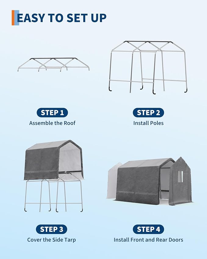 GarveeLife Outdoor Portable Storage Shed with Roll-Up Door & Vent, 240G Heavy-Duty Shelter Waterproof PE Tarp, UV-Resistant Storage Sheds for Motorcycle, Firewood, Garden and Tools (Gray, 7'x10')