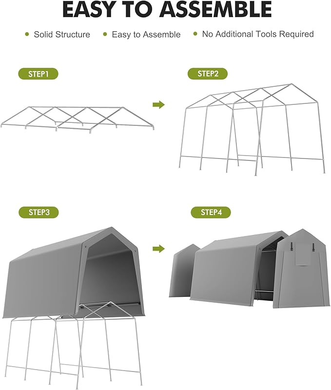 Portable Carport Storage Shed, 10' x 15' Motorcycle Tent, Waterproof & UV-Resistant with Roll-Up Zipper Doors, Gray Outdoor Shelter for Bikes, Tools & Equipment