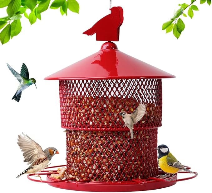 Metal Bird Feeder for Outside Hanging, Bird Feeders Squirrel Proof, 4 Lbs Large Capacity Iron Tube Mesh Wild Birdfeeder for Outdoor Finch Cardinal Chickadees Blue Jay -Red