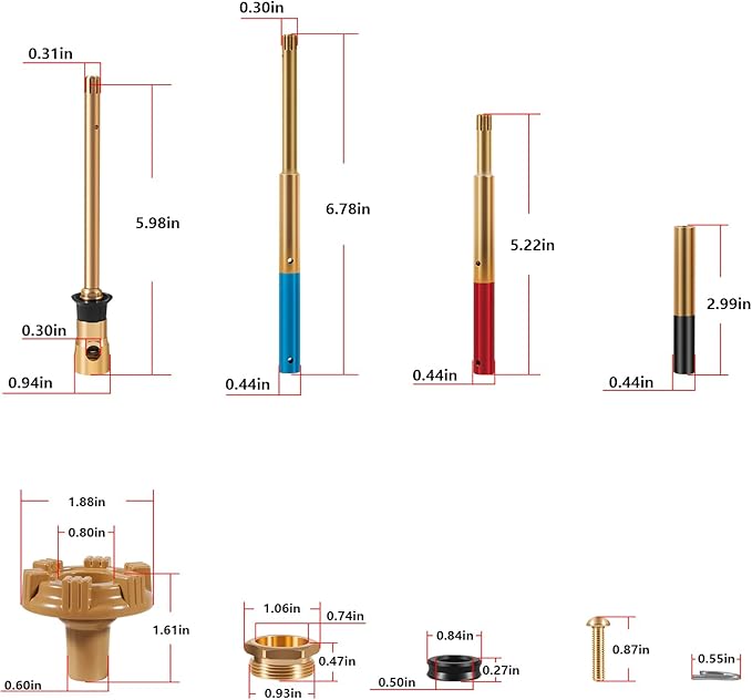 RK-ADJ-PRV Adjustable Rod Repair Kit, Compatible with Woodford 14 16 17 19 22 V22 Faucets, Universal PRV Upgrade Anti-Burst Design, Heavy-Duty Brass Stem & Metal Handle Repair Set (10pcs)
