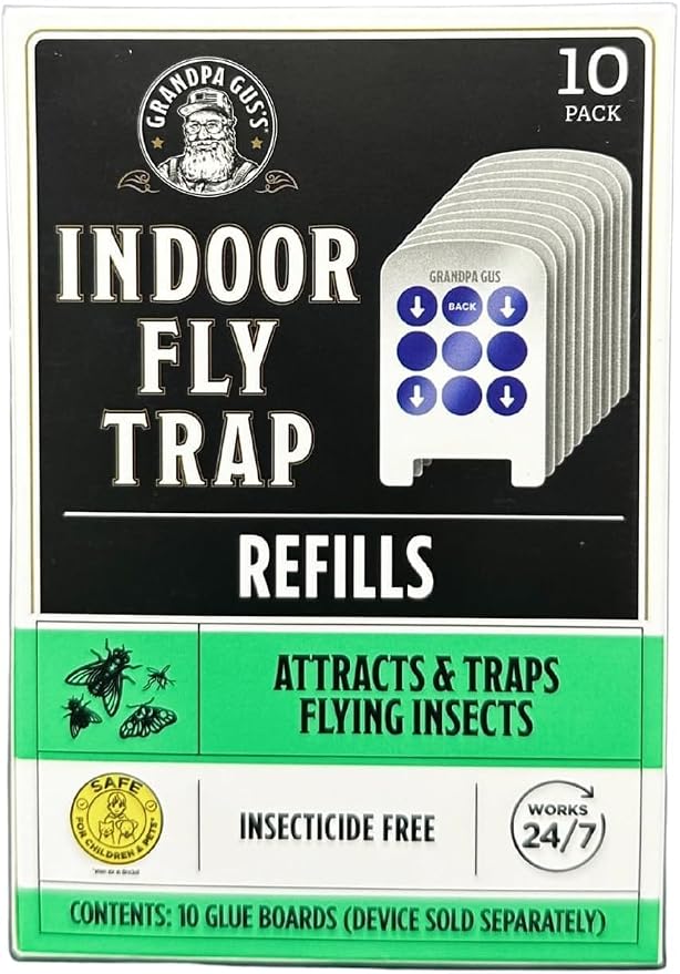 Grandpa Gus’s Indoor Fly Trap Refill Glue Boards 10 Pack - Sticky Replacement Cards for Flies, Gnats, Fruit Flies, Mosquitoes & Moths - Plug-in UV Light Trap Refills for Indoor Flying Insect Control