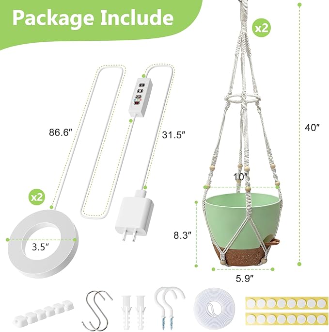 Hanging Planters for Indoor Plants: 2 Pack Macrame Plant Hangers with Grow Lights and Self-Watering Pots, Large Hanging Pots with Drainage Holes & Removable Tray(10in Green Pot, Daylight Spectrum)