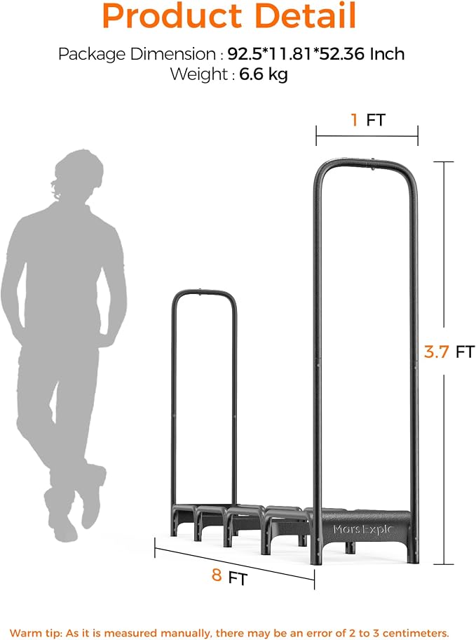 Firewood Rack, 8ft Heavy Duty Fire Wood Storage Racks for Indoor Outdoor, Metal Log Holders for Firewood, Fireplace Wood Pile Storage Stacker Organizer, Black