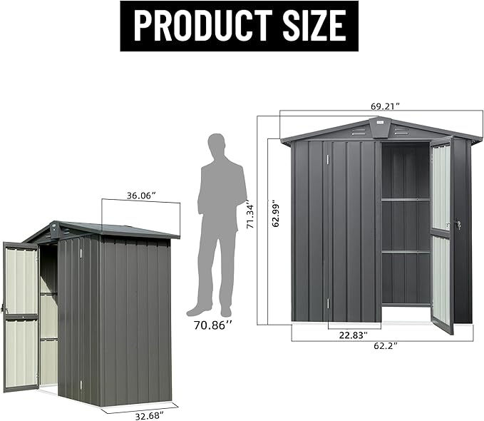Christopher Knight Home Avonn Outdoor Storage Shed 5.7x3 FT,Metal Outside Sheds&Outdoor Storage Galvanized Steel,Tool Shed with Lockable Double Door for Patio,Backyard,Garden,Lawn (5.7x3ft, Dark Gray)