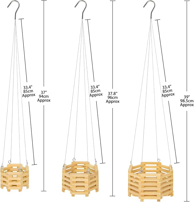 Wooden Orchid Baskets with Hangers for Ferns & Vandas, 6", 8" & 10" Octagon Wood Hanging Planter Set for Patio, Balcony Decor, Garden Flower Pots for Indoor Outdoor Plants, 3 Pack