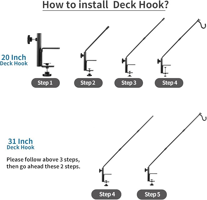 ULIOK 2 Pack Heavy Duty Deck Hook, 31 Inch Extended Adjustable, 360° Rotatable Arm Solid Rod, Solid Steel Deck Hangers for Hanging Bird Feeders, Plants, Planters, Suet Baskets, Lanterns, Wind Chime