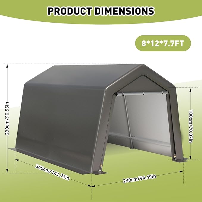 Outdoor Portable Storage Shed with Roll-Up Door,8X12X7.7FT Garage Tent Shelter with Side Wall, Portable Car Canopy for Snowmobile Bike Garden Tools