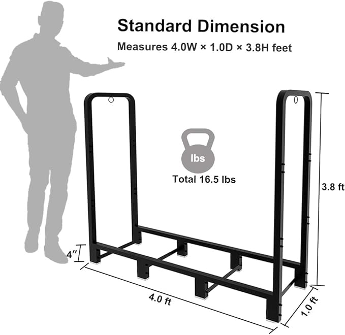4ft Outdoor Firewood Rack, Upgraded Adjustable Heavy Duty Logs Stand Stacker Holder for Fireplace - Metal Lumber Storage Carrier Organizer, Bright Black