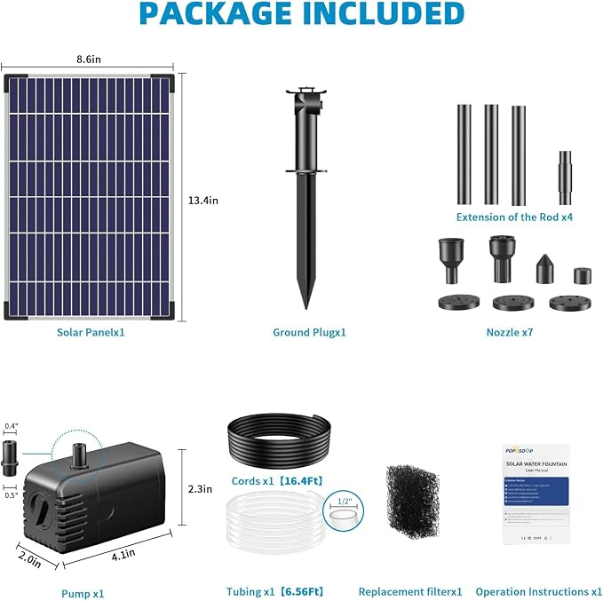 POPOSOAP Solar Water Fountain Pump, 12W Solar Water Pump with Dry Run, Solar Powered Water Pump with Clear Tubing & 17Ft Cord Length for Ponds, Fish Tank, Garden, Waterfall, Hydroponics