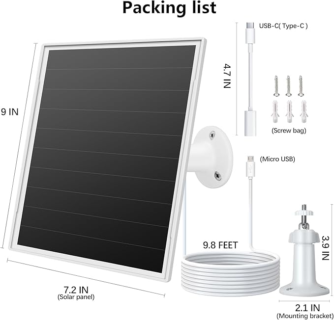 8W Solar Panel for Outdoor Security Camera, 5V Micro USB and USB - C Solar Panel Charger ,Fits Eufy/Wyze/Reolink DC 5V Output, IP65/360° Adjustable, 9.8ft Cable, Fast Charging