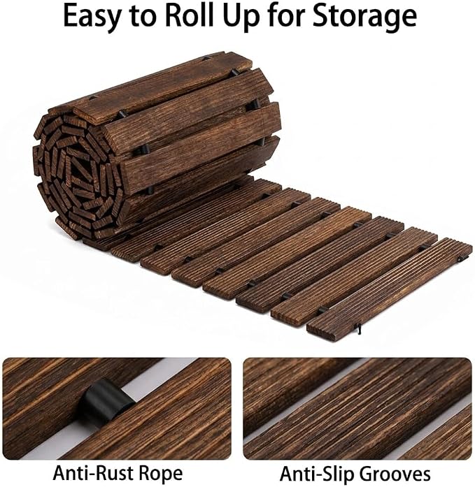 Wooden Garden Pathway Outdoor Walkway - 12 FT Roll Out Outdoor Pathway with Ground Stakes, Boardwalk Pavers for Outside Walkway, Non-Slip Garden Path for Backyard Decor, Lawn Landscaping, Brown