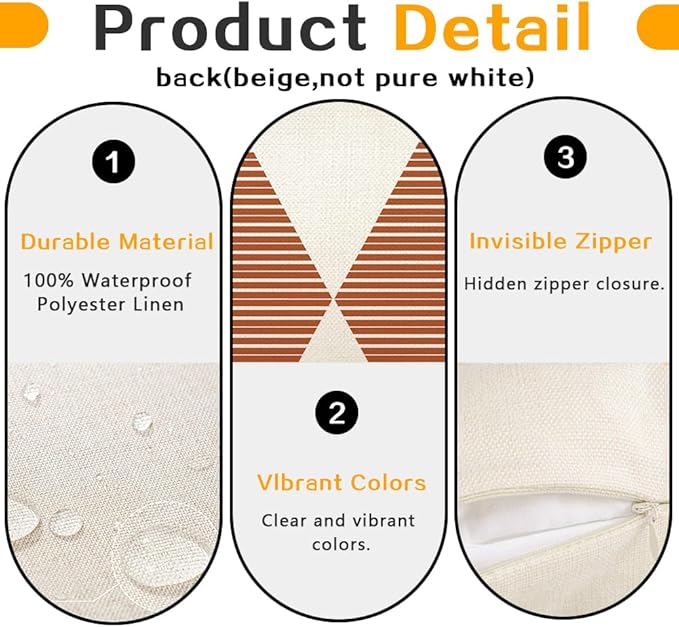 RABUSOFA Outdoor Pillows Covers 20x20 inch Waterproof,Fall Rust and Beige Boho Cushion Cases Set of 4 for Patio Furniture Sunbrella Couch(2R-20) (Rust and Beige, 20" x 20" Pack of 4)