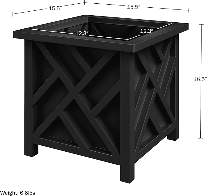 Lattice Design Outdoor Planter Box 2-Pack - 15.5” Square 16.5” Tall Black Decorative Plant Pots for Front Porch Decor - Flower Pots Outdoor Planters for Porch Patio or Garden Decor by Pure Garden