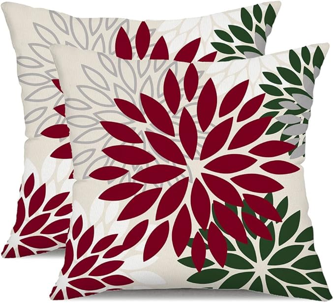 DFXSZ Wine red Dark Green Flower Pillow Covers 20x20 Inch Set of 2 Outdoor Throw Pillows Outdoor Waterproof Decor for Living Room Sofa Patio Funiture Garden Floral Polyester Pillow Covers 002W20