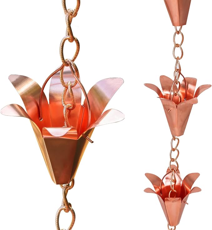 Topadorn 7.8FT Pure Copper Rain Chain with 11 Lily Cups, Decorative Downspout Water Diverter, Adjustable Outdoor Garden Patio Porch Water Feature