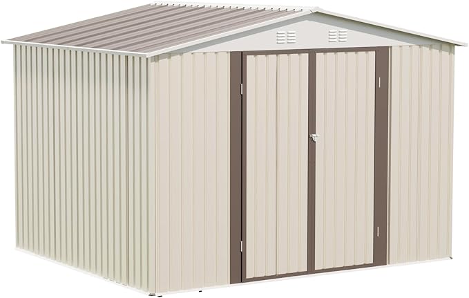 KEIKI 10x8 FT Outdoor Metal Storage Shed with Vent and Hinge Door,Peaked Roof for Patio Backyard Garden