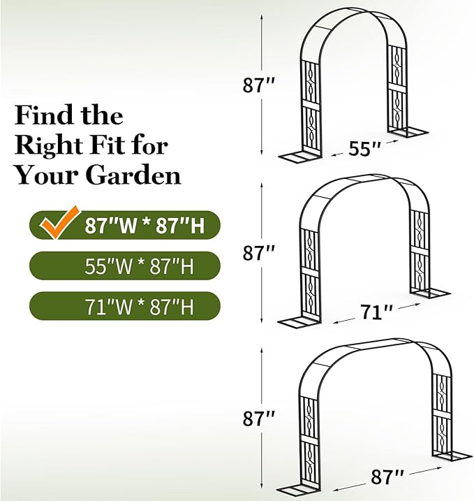 Metal Garden Arch, Heavy Duty Garden Trellis for Climbing Plants, with Enlarged Base for Stability, Ideal for Wedding Arches & Party Decorations, 87" W x 87" H