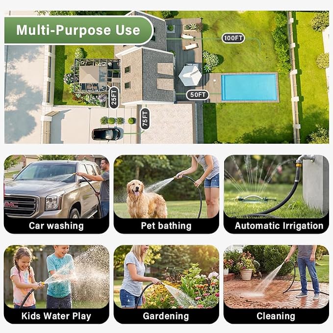 Garden Hose 5/8" x 100ft 4-Layer Heavy Duty Hose with 800 PSI Burst Pressure – Kink Resistant Flexible All-Weather Outdoor Hose for Yard Car Wash Pets Black