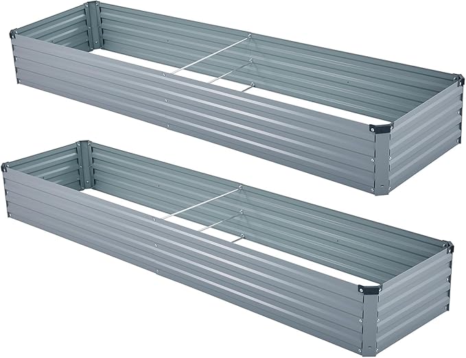 Meberam 2 Pack 8x2x1FT Galvanized Raised Garden Bed Kit, Outdoor Metal Planter Box for Vegetables, Bottomless Rectangular Gardening Bed with Support Rods, Tool-Free Assembly, Gray