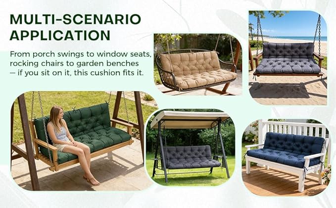 Porch Swing Cushions 60 Inch,Waterproof Patio 2 3 Seater Replacement for Outdoor Furniture with Backrest&Strap,Thick 4" Swing Seat Cushion for Loveseat Garden Glider Bench Lawn Backyard,60X40 Inch