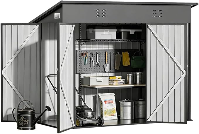 COMHOMA Shed Storage Outdoor Metal Windowed Lockable Weatherproof Ventilated Backyard Garden Utility Workshop(Grey,8'*4')