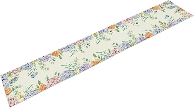 Blue Floral Table Runner, Spring Seasonal Watercolor Hydrangea Flower Summer Farmhouse Country Rustic Table Center Decor for Family Kitchen and Dining Party Table Decorations, 13"x108"