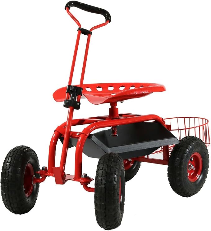 Sunnydaze Garden Cart with Wheels - Garden Stool on Wheels - Rolling Gardening Seat with Extendable Handle - Swivel Seat - Red