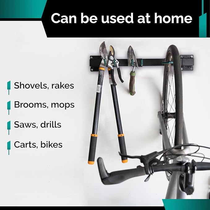 IDL Packaging Industrial Grade 48" Garage Tool Organizer with 6 Hooks and 1 Cart/Bike Rack, 500 lbs Total Holding Weight - for Repair Shops, Warehouses, Storages, and Garages