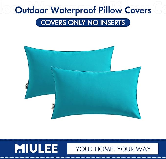 MIULEE Pack of 2 Decorative Outdoor Waterproof Pillow Covers Rectangular Garden Cushion Sham Throw Pillowcase Summer Shell for Patio Tent Couch 12x20 Inch Turquoise