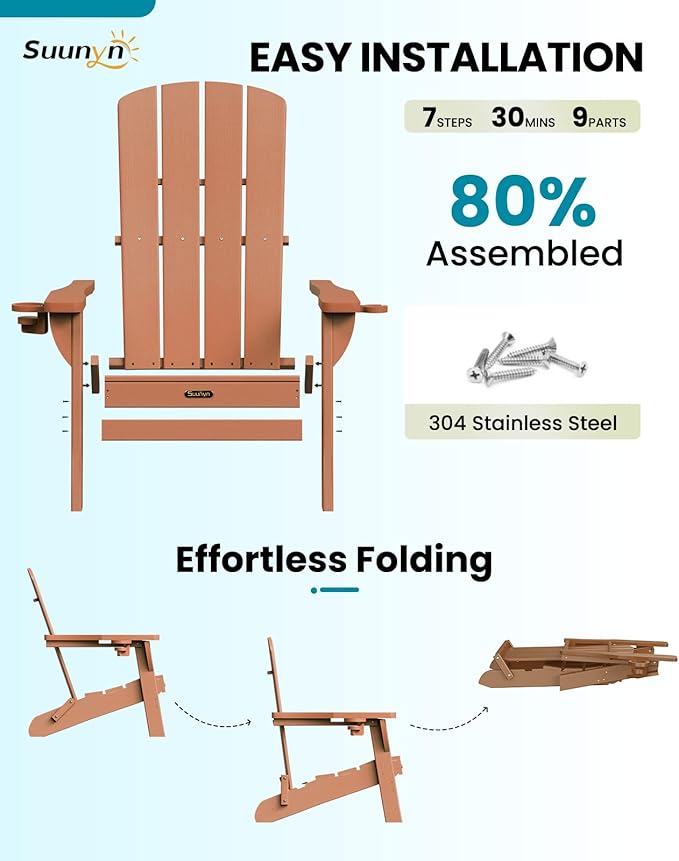 Folding Adirondack Chair 2 Pack, HDPE All-Weather Fire Pit Chairs, Plastic Adirondack Chairs with 2 Cup Holder, Outdoor Lawn Chair for Patio Garden (Teak)
