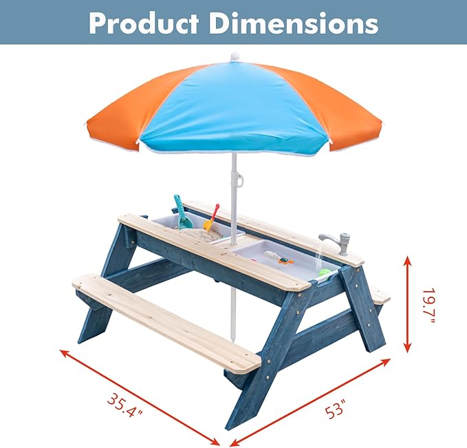 Kids 3-in-1 Sand & Water Table, Wood Outdoor Convertible Picnic Table w/Umbrella, 2 Trays, Removable Top with Faucet, Picnic Table for Outdoor Playset (Blue/Orange)
