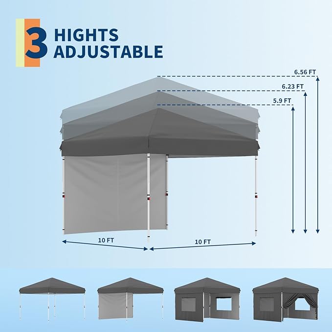 10x10ft Pop Up Canopy Tent, Heavy Duty Commercial Instant Tent, One-Push Setup with 1 Removable Sidewall, 210D Oxford Waterproof UV Protection (UPF 50+) for Outdoor Camping, Parties, Farmers Market