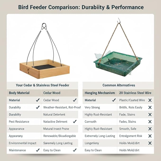 Cedar Wood Platform Tray Bird Feeder 12” - Hanging Bird Feeder for Outside Outdoor - Stainless Steel Cable Mesh Base - Weather Proof Birdfeeder for 10 Years - Longtime Outdoor Lasting Heavy Duty