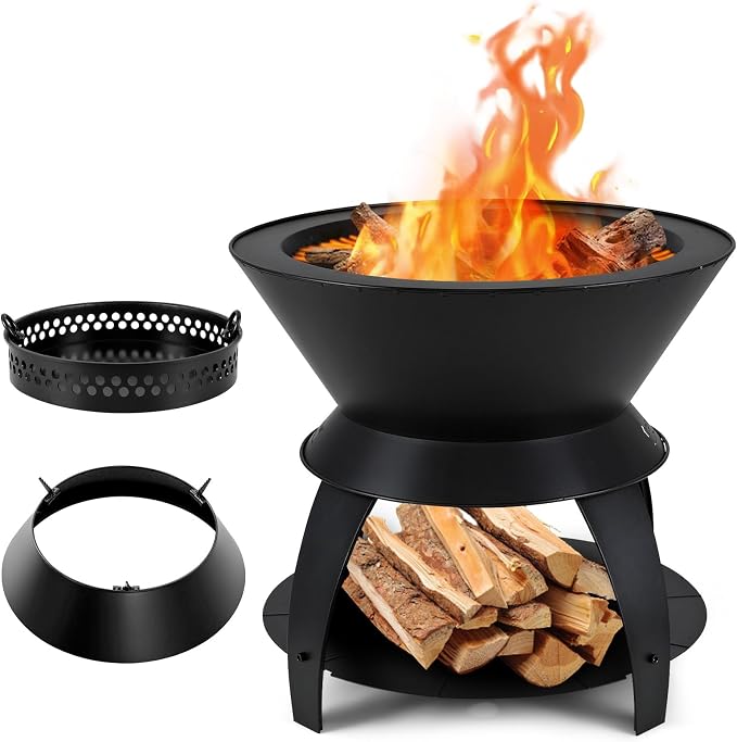 Tangkula Outdoor Fire Pit, 20 Inch Metal Fire Bowl with Pot Holder & Storage Shelf, Oxygen-Enriched Burning, 3-in-1 Wood Buring Firepit Fireplace for Patio, Camping, BBQ, Backyard
