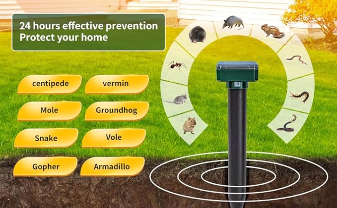 8 new Green Mole Repellent for lawns Gopher Repellent Ultrasonic Solar Powered Snake Repellent Deterrent Mole Repeller Vole Repellent Outdoor Lawns Garden Yard All Pests Sonic Spikes Stakes Chaser8