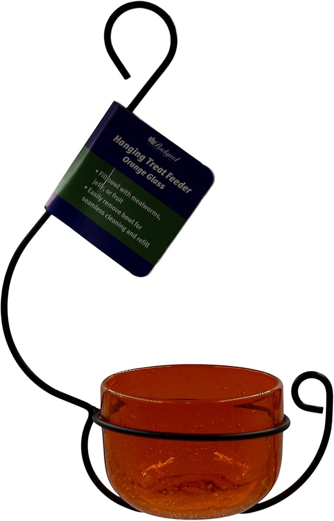 Oriole Jelly Feeder - Sparkling Orange Glass Bowl with Decorative Hanging Hook - Removable Cup for Easy Cleaning - Outdoor Baltimore Oriole Feeder for Grape Jelly, Fruit & Nectar