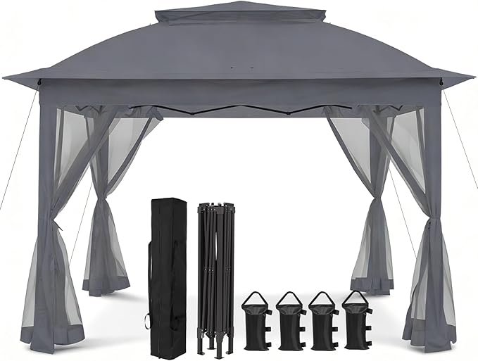 COOS BAY Pop up Gazebo 11x11, Instant Canopy Tent with Mesh Netting, Patio Gazebo with 121 Square Feet of Shade, 4 Weight Bags Included, Dark Gray