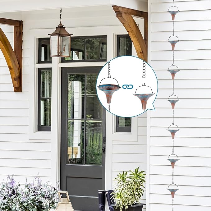10 Ft Rain Chains for Gutters, Metal Rain Catcher Chain for Eaves Drainage, Rain Gutter Chains with 10 Blue Funnel Cups, Adjustable Rain Chain for Outdoor Decor