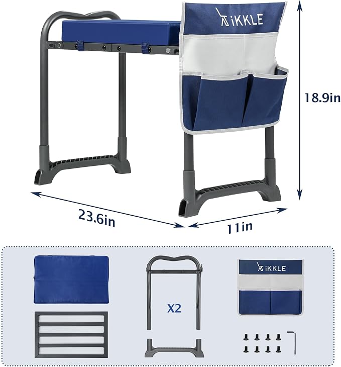 ikkle Garden Kneeler and Seat, Gardening Stool with Thicken & Widen Soft Kneeling Pad, Heavy Duty Foldable Gardener Stool with Tool Pouch, Gift for Gardeners, Holds 838LB+