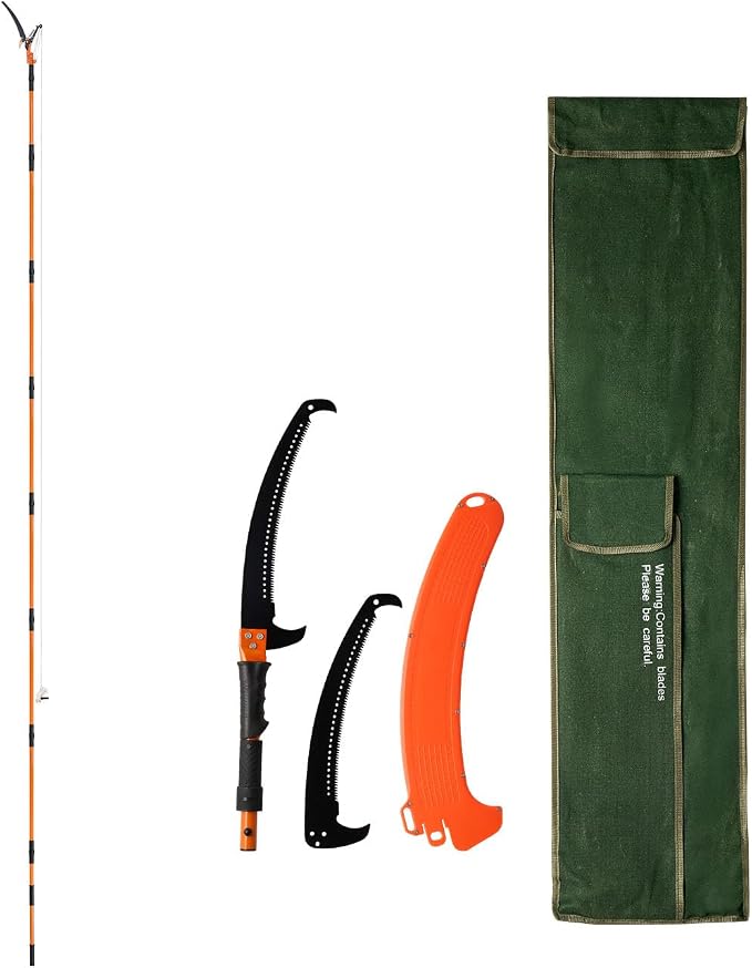 VEVOR Manual Pole Saw, 4.46-26.4 ft Extendable Tree Pruner with Scissors, Sharp 65Mn Steel Blade, Lightweight Fiberglass Handle Pole, Two Double-Hook Saws, for High Branch Trimming, Palms and Shrubs